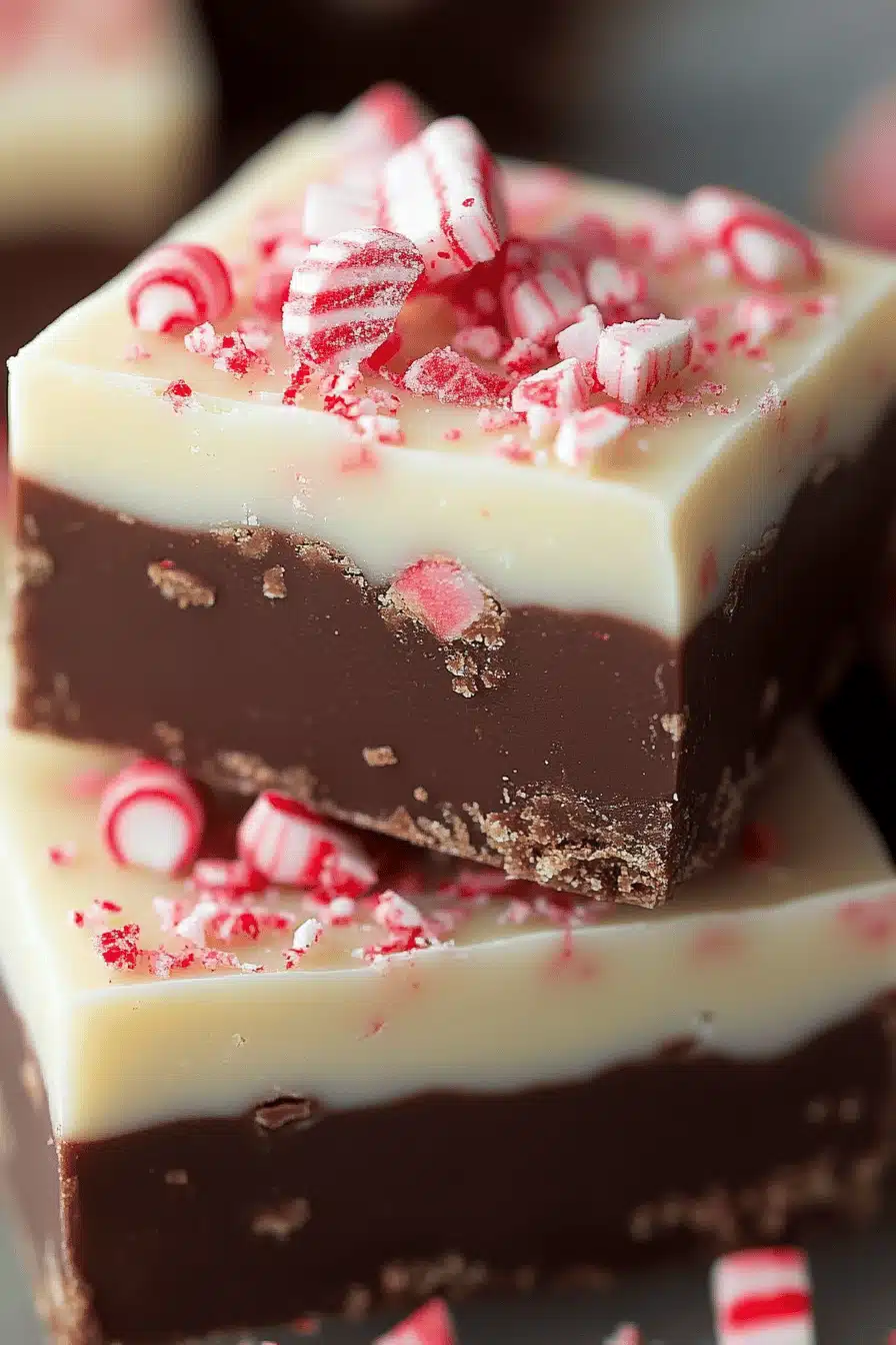 Peppermint Bark Fudge Recipe slice on plate showing perfect texture and swirl pattern