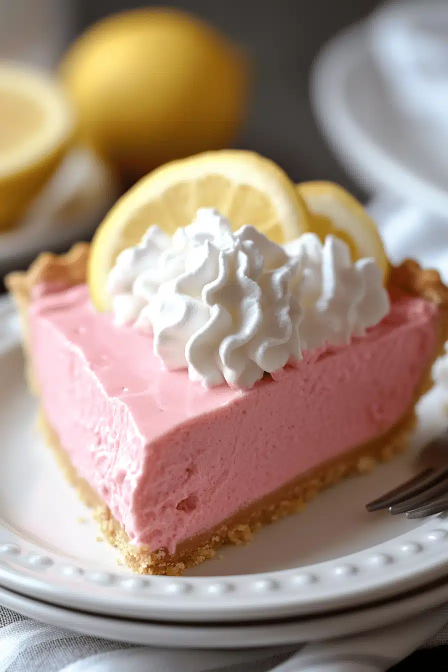 Pink Lemonade Pie Recipe slice on plate showing perfect texture and swirl pattern