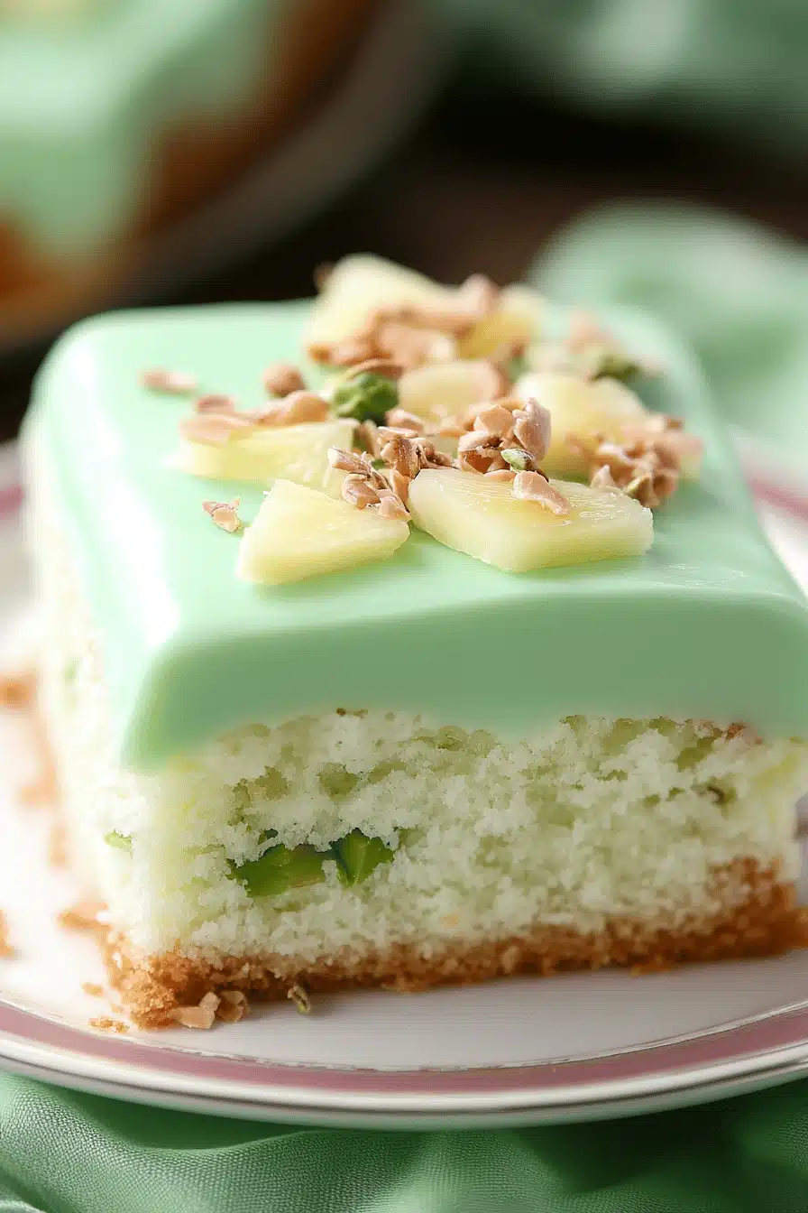 Pistachio Pineapple Cake slice on plate showing perfect texture and swirl pattern