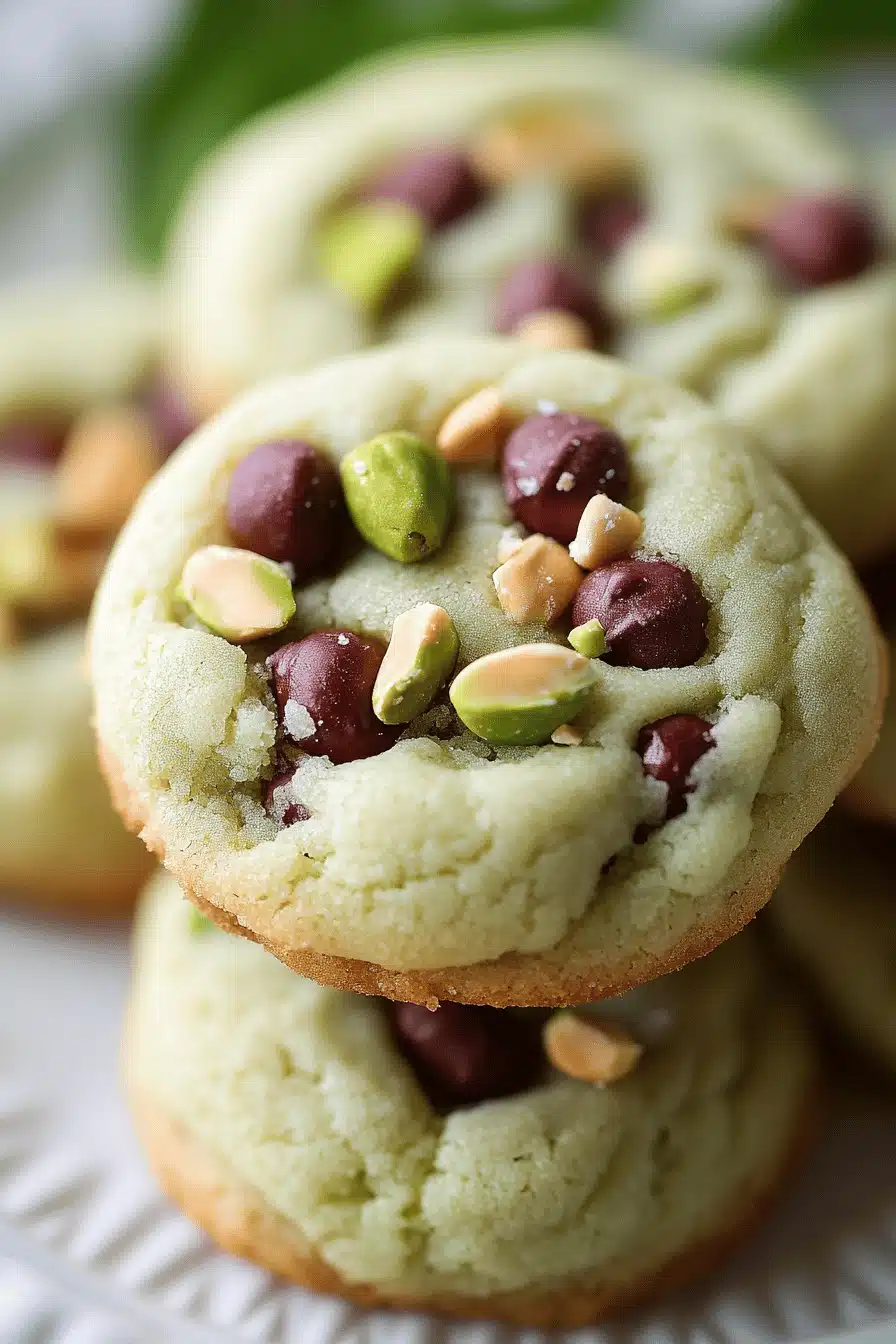 Pistachio Pudding Cookies slice on plate showing perfect texture and swirl pattern