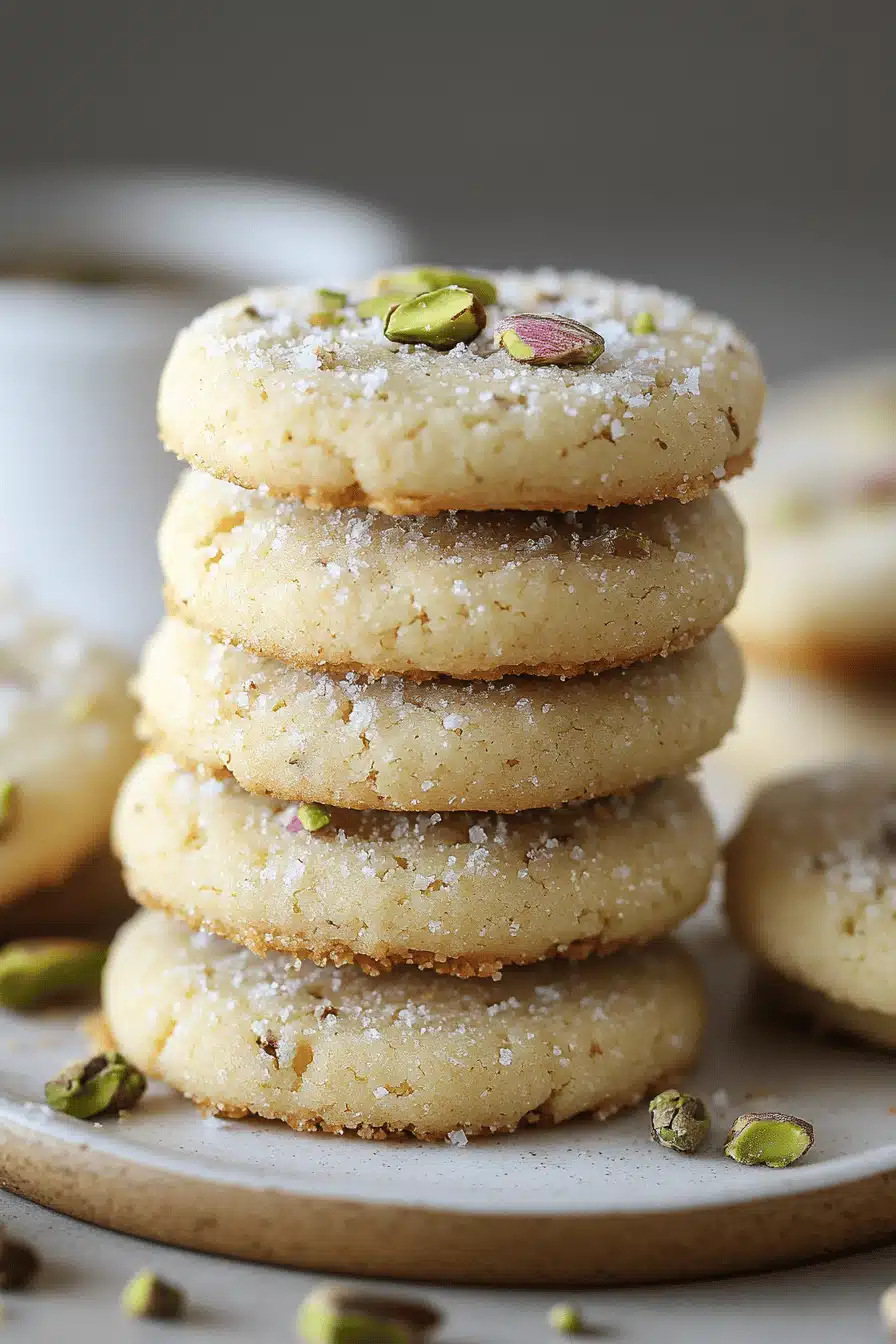 Pistachio Shortbread Cookies slice on plate showing perfect texture and swirl pattern