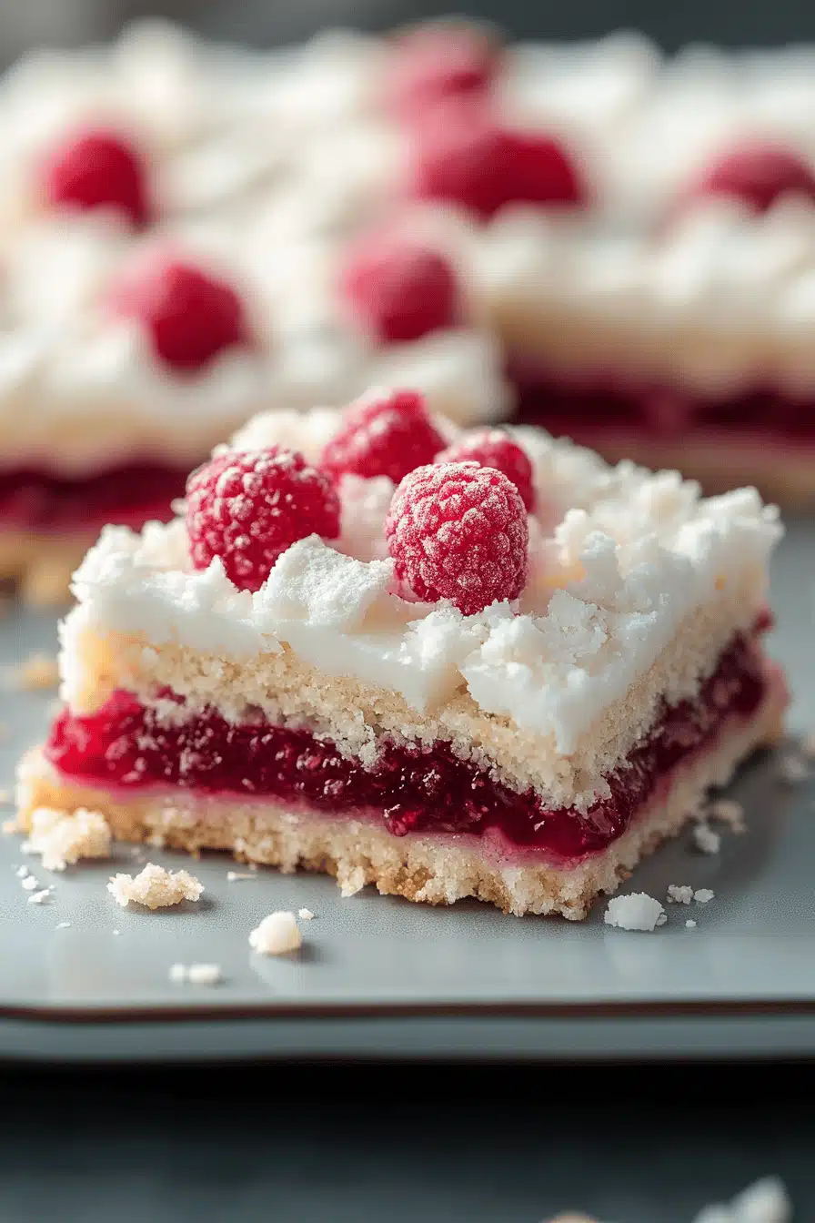Raspberry Jam Coconut Slice slice on plate showing perfect texture and swirl pattern