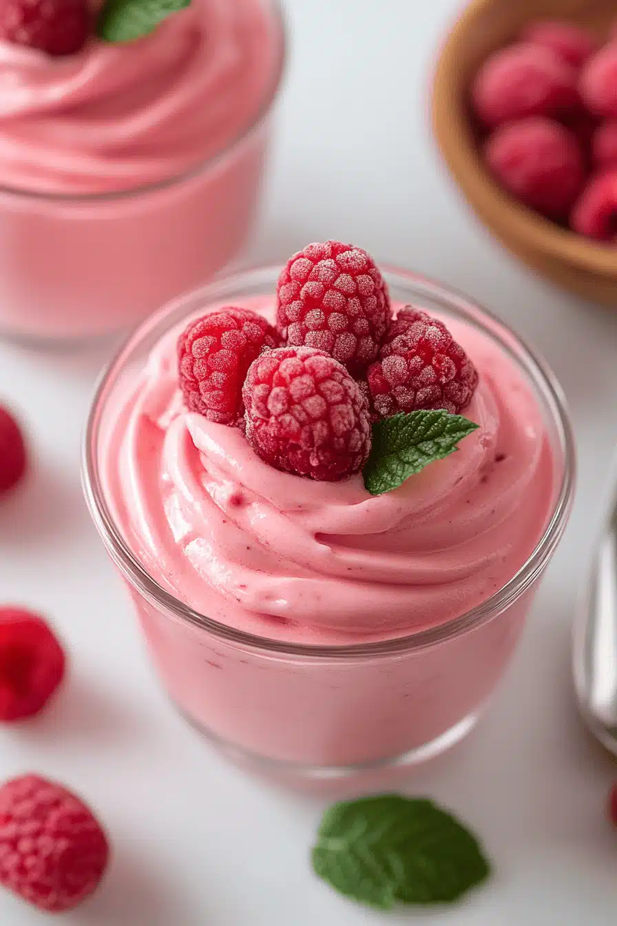 Raspberry Mousse Recipe slice on plate showing perfect texture and swirl pattern
