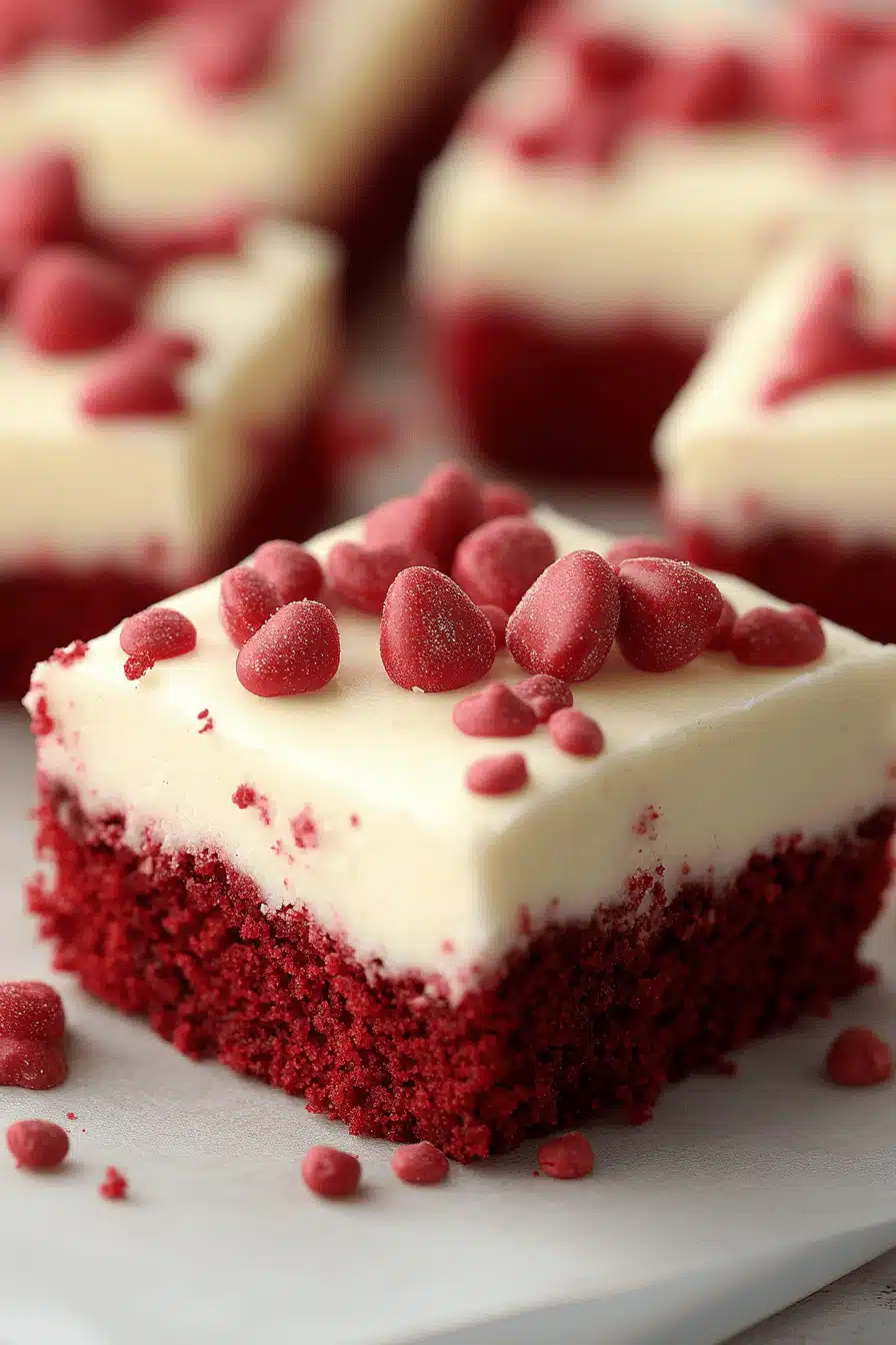 Red Velvet Sheet Cake Recipe slice on plate showing perfect texture and swirl pattern