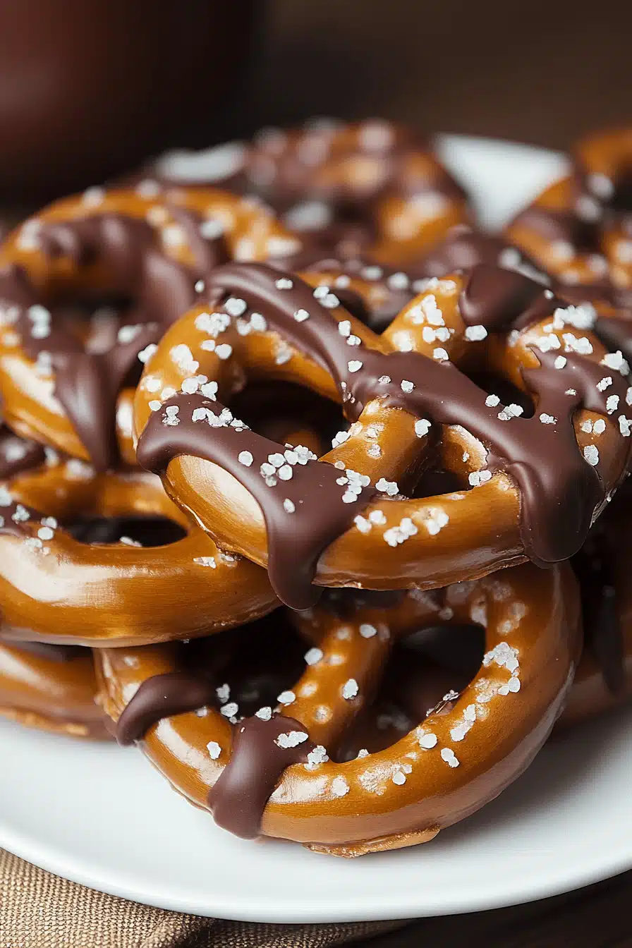Salted Chocolate Caramel Pretzels ingredients organized and measured on kitchen counter