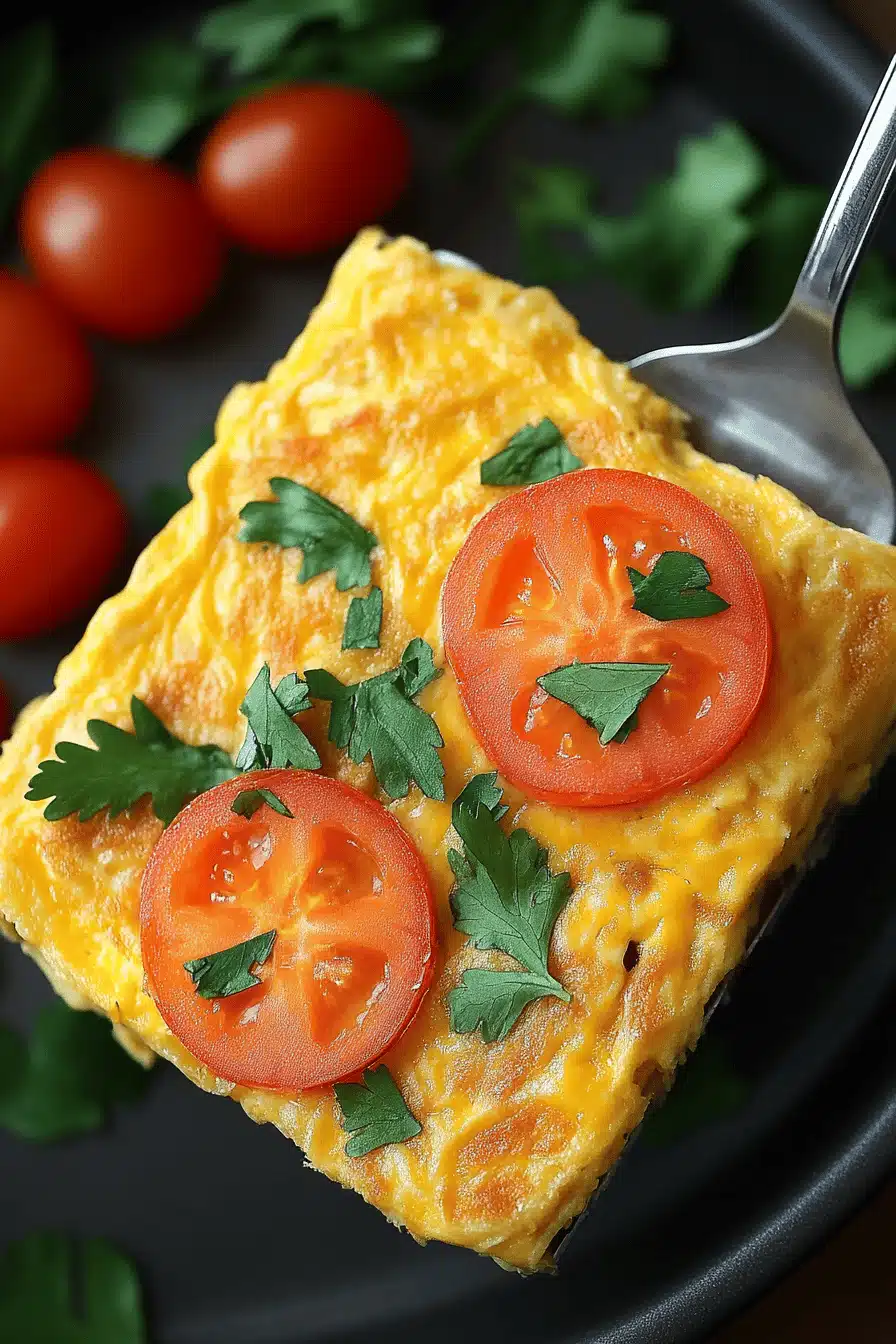 Sheet Pan Omelet slice on plate showing perfect texture and swirl pattern