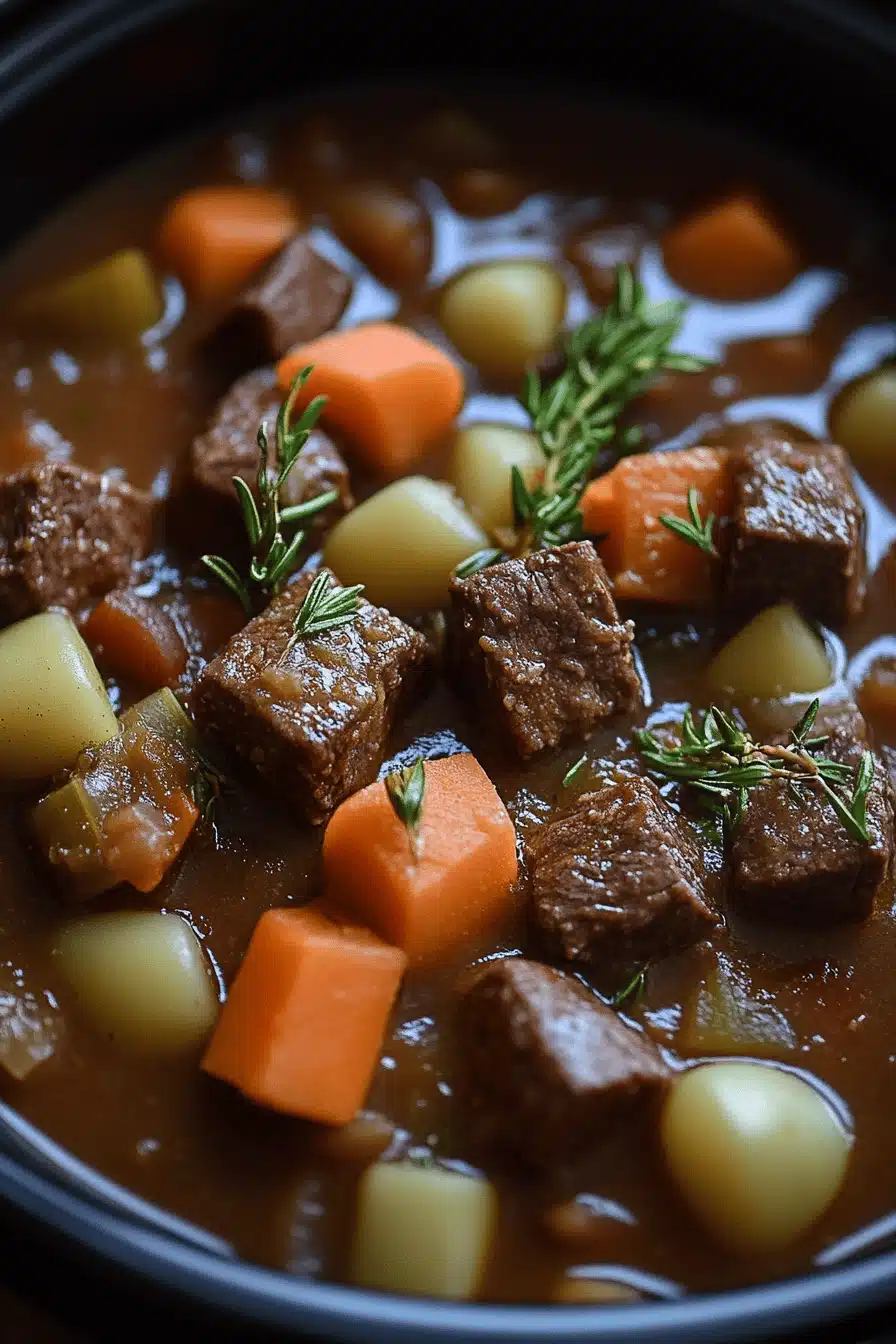 Slow Cooker Beef Stew slice on plate showing perfect texture and swirl pattern