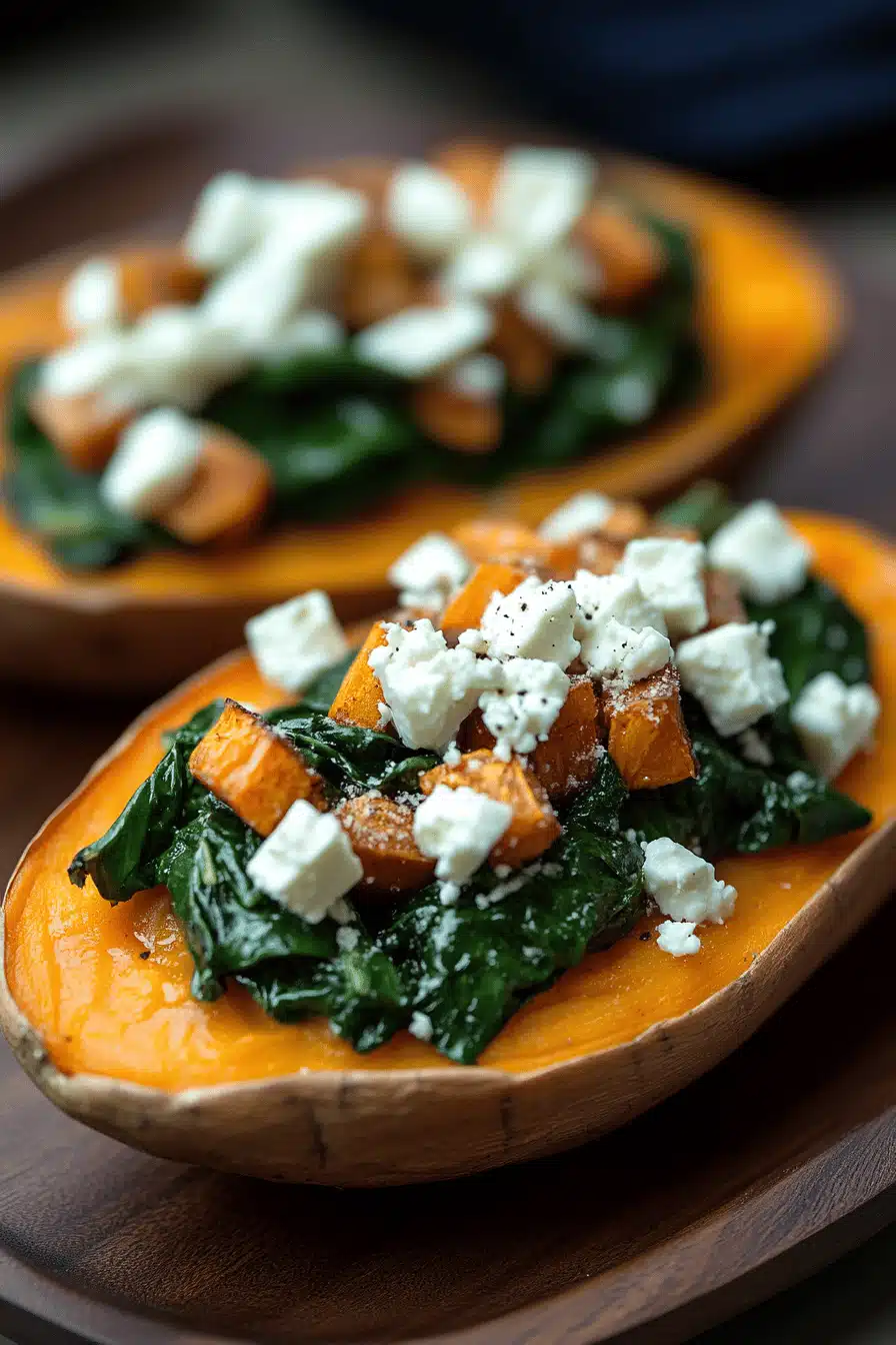 Spinach and Feta Stuffed Sweet Potatoes ingredients organized and measured on kitchen counter