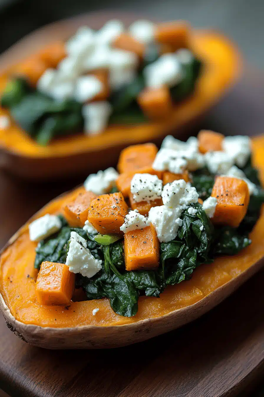 Spinach and Feta Stuffed Sweet Potatoes slice on plate showing perfect texture and swirl pattern