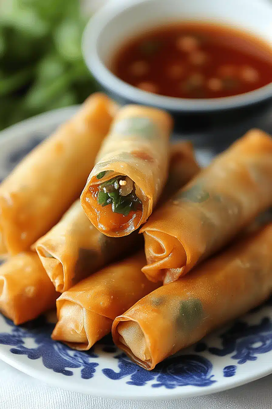 Sriracha Spring Rolls slice on plate showing perfect texture and swirl pattern