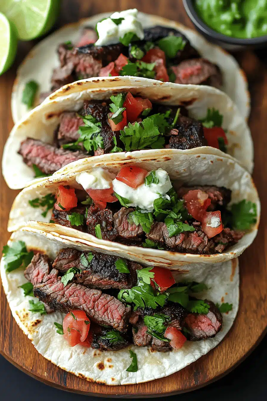 Steak Tacos Recipe ingredients organized and measured on kitchen counter
