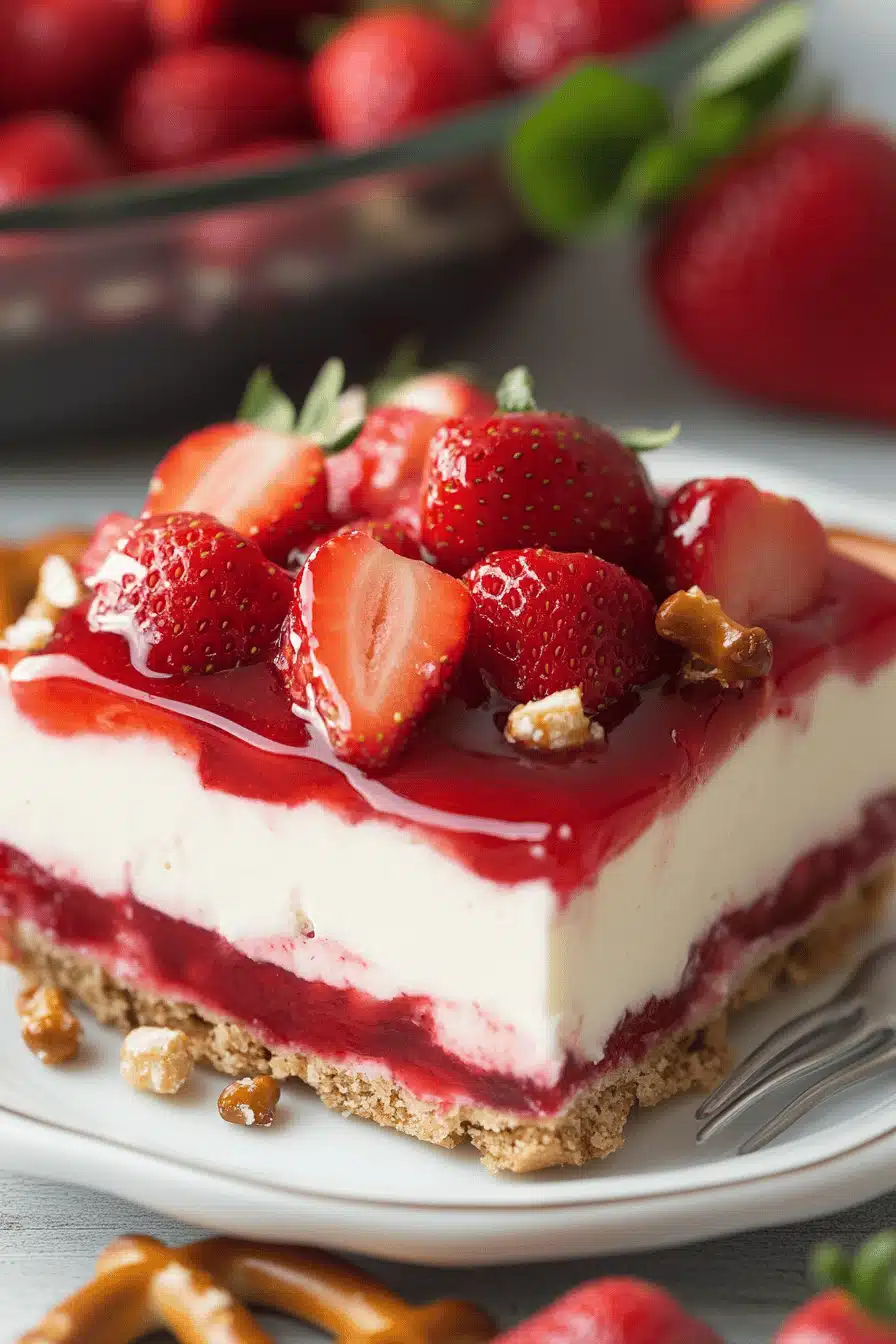 Strawberry Pretzel Salad slice on plate showing perfect texture and swirl pattern