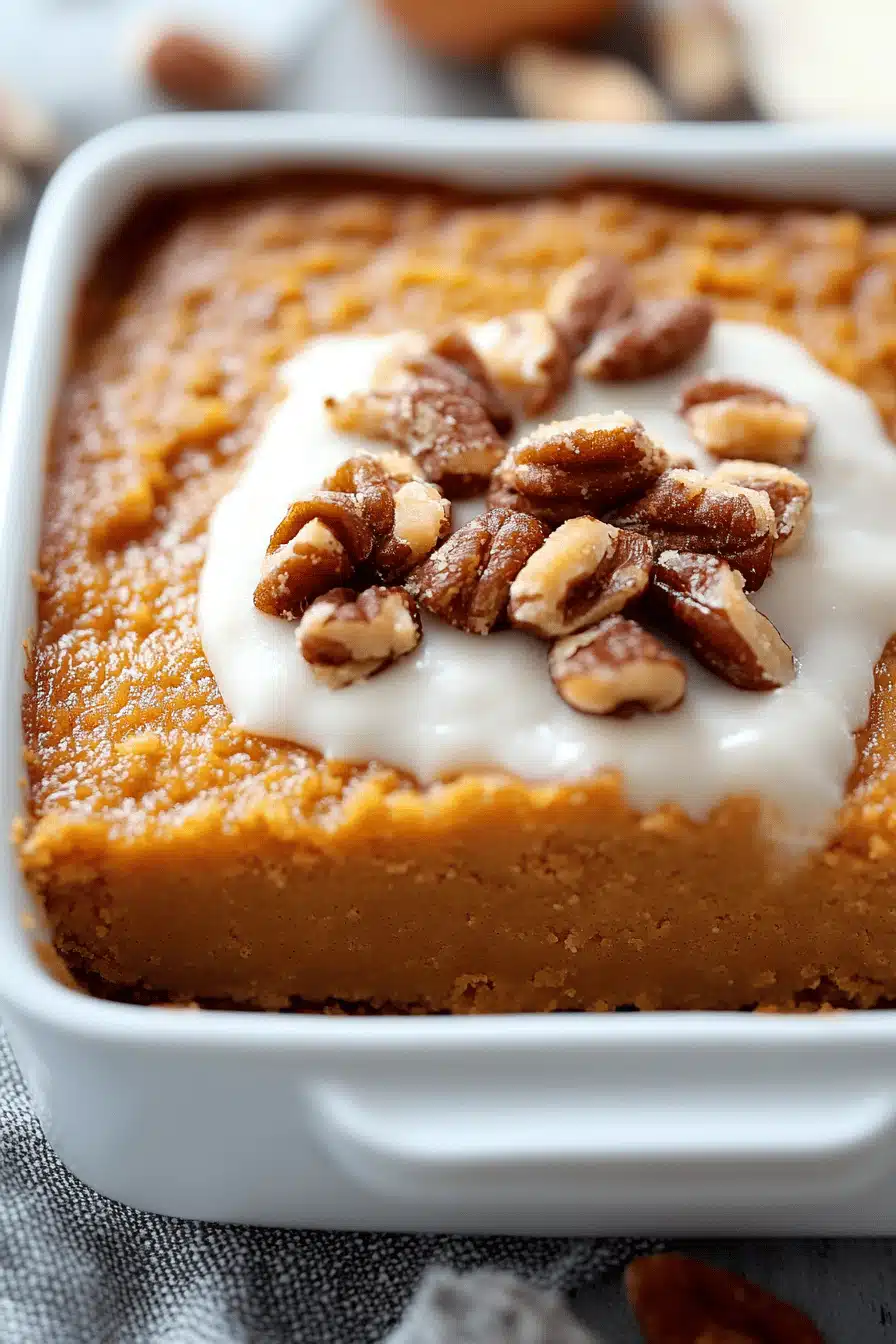 Sweet Potato Dump Cake slice on plate showing perfect texture and swirl pattern