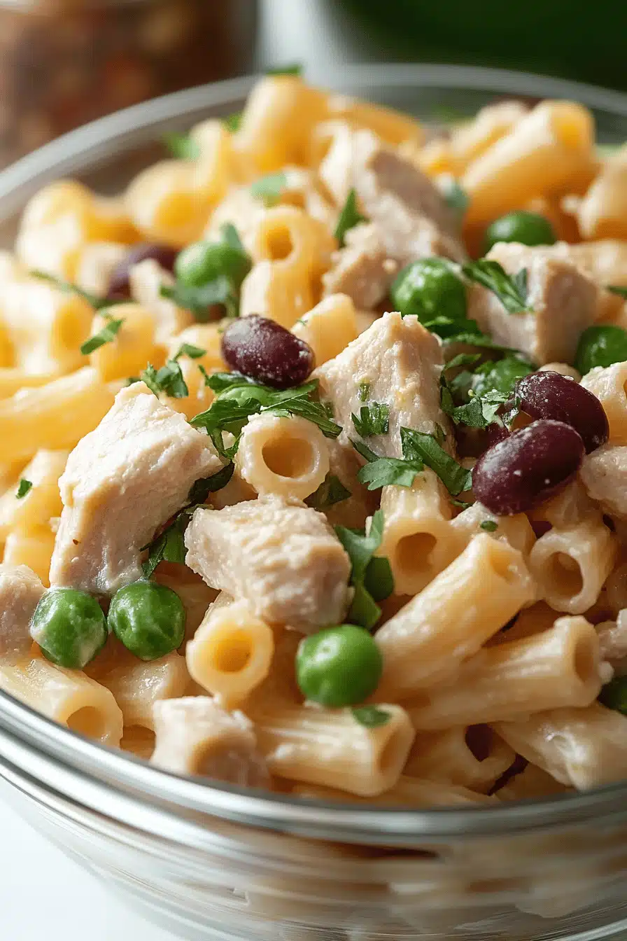 Tuna Pasta Salad ingredients organized and measured on kitchen counter