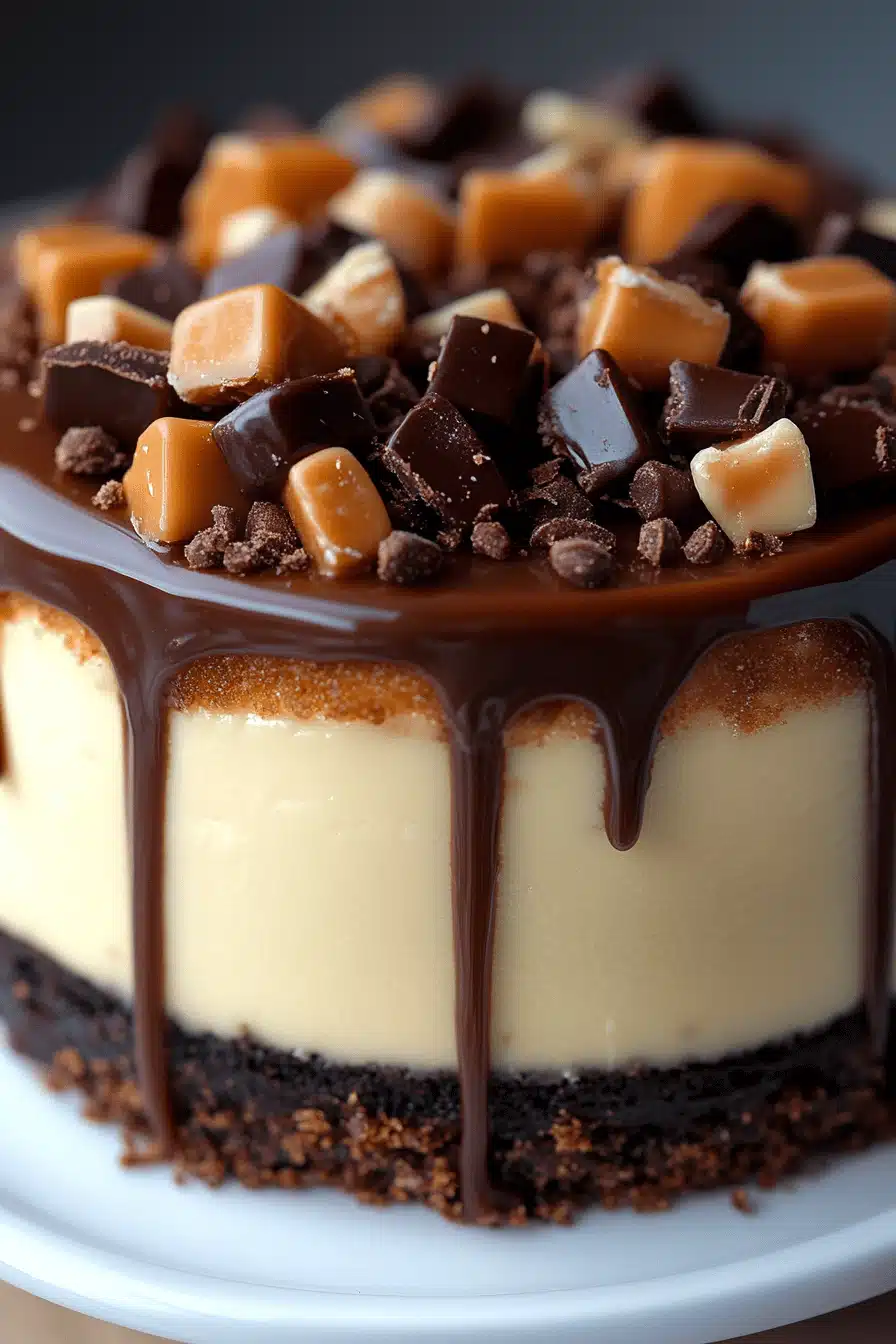 Turtle Cheesecake Recipe slice on plate showing perfect texture and swirl pattern