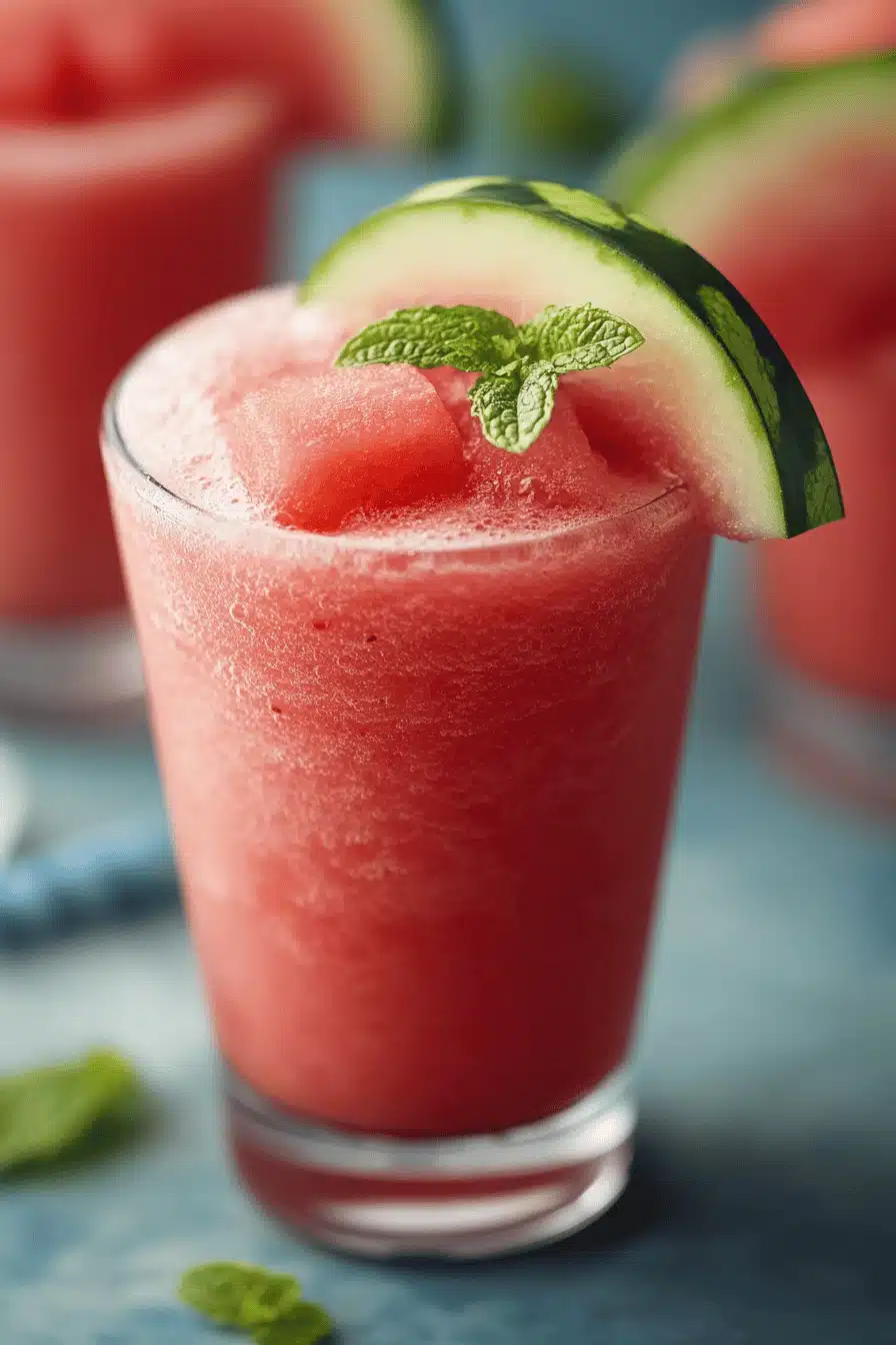 Watermelon Slushie ingredients organized and measured on kitchen counter
