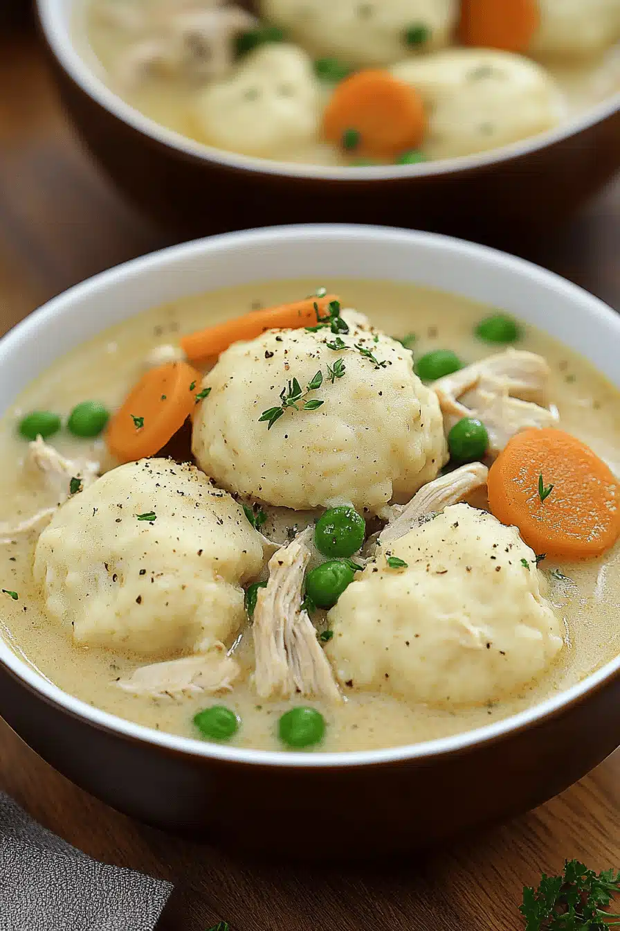 crockpot chicken and dumplings slice on plate showing perfect texture and swirl pattern