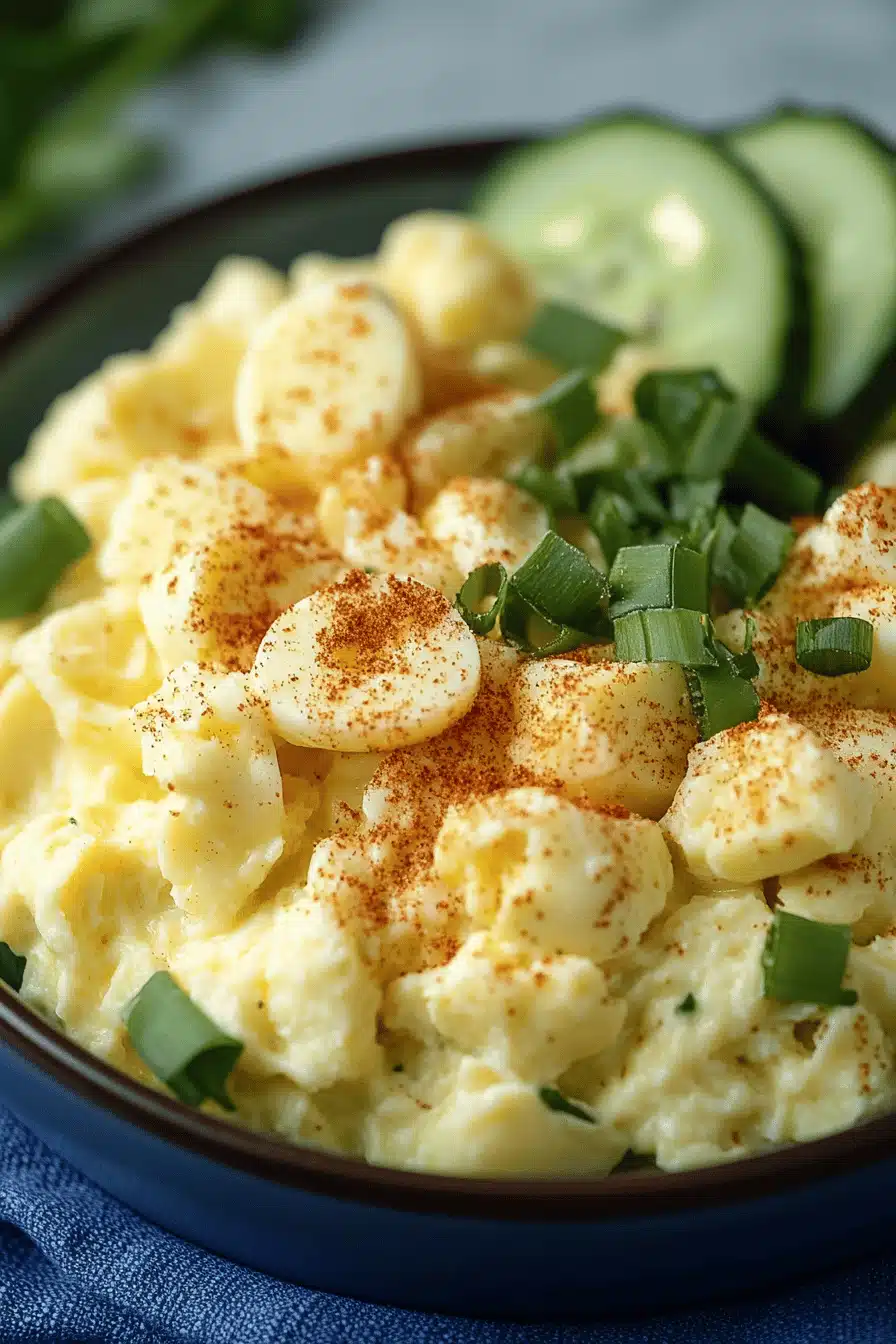 egg salad recipe slice on plate showing perfect texture and swirl pattern