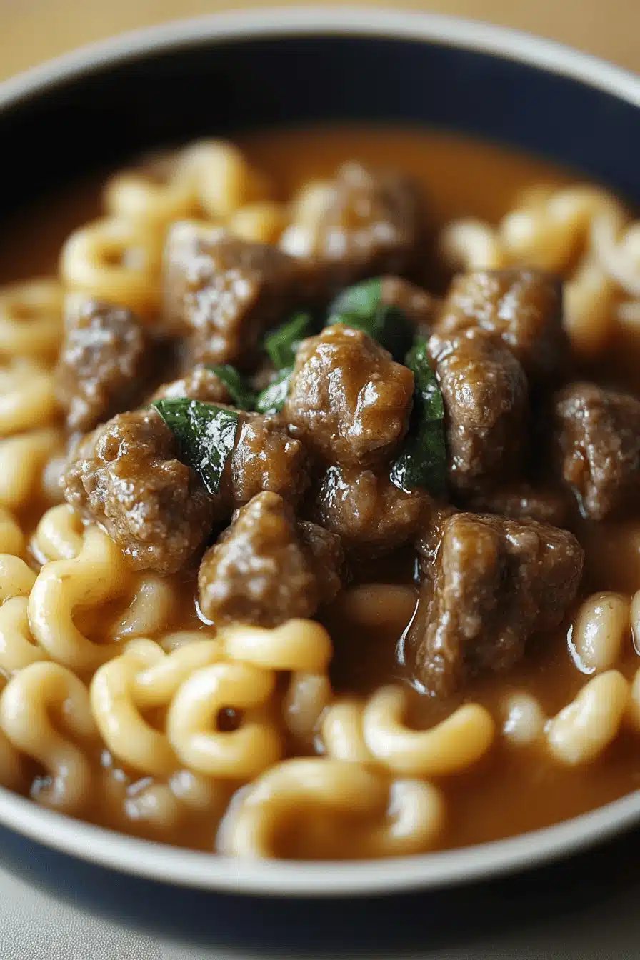 gluten-free beef and noodles slice on plate showing perfect texture and swirl pattern