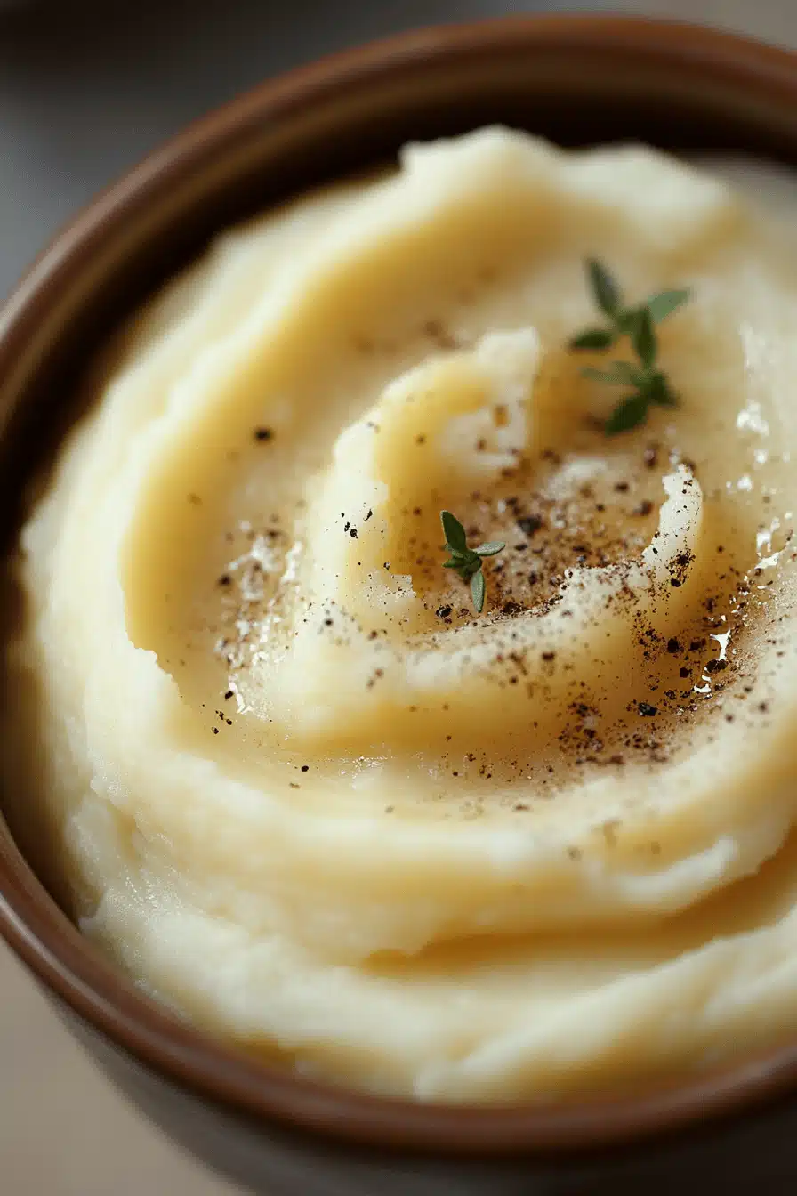 mashed potatoes recipe slice on plate showing perfect texture and swirl pattern