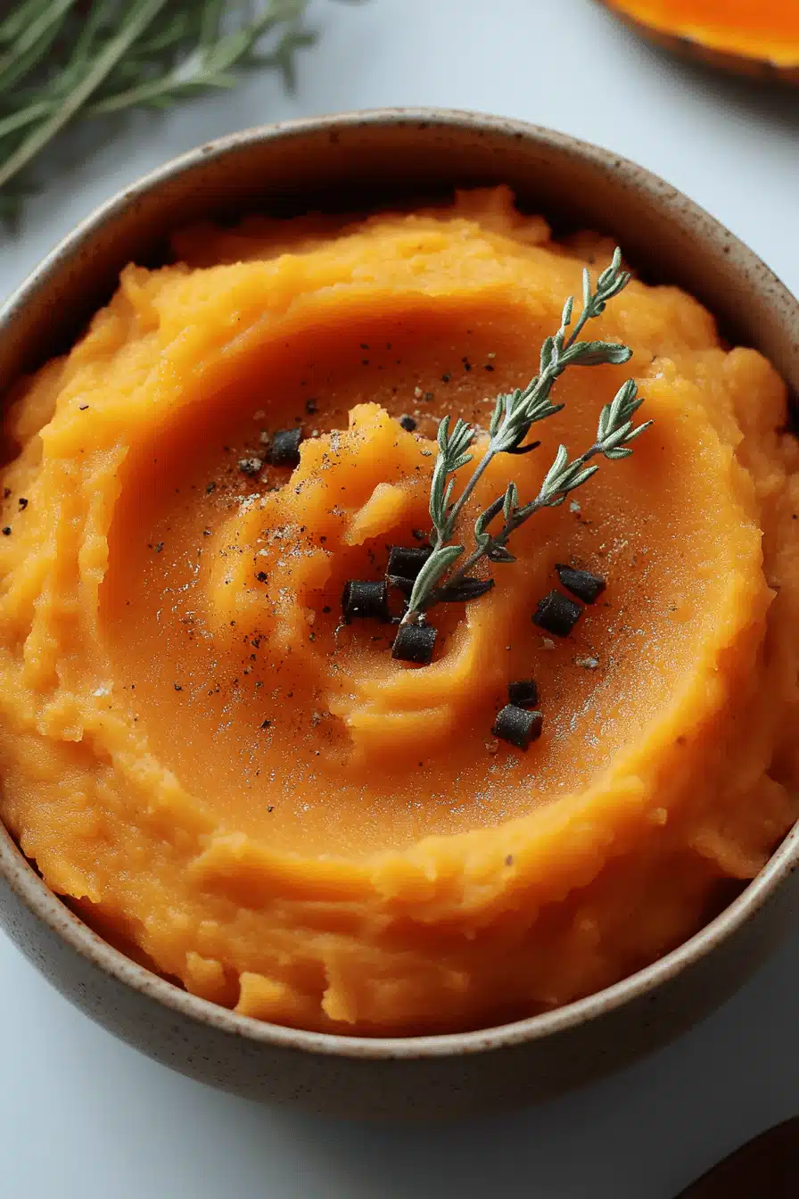 mashed sweet potatoes slice on plate showing perfect texture and swirl pattern