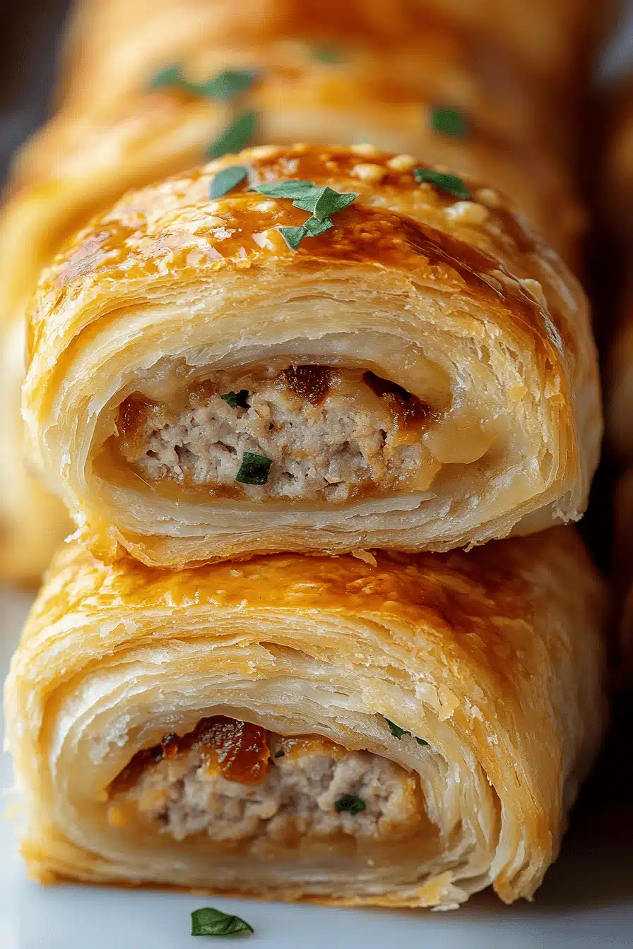 sausage rolls recipe slice on plate showing perfect texture and swirl pattern