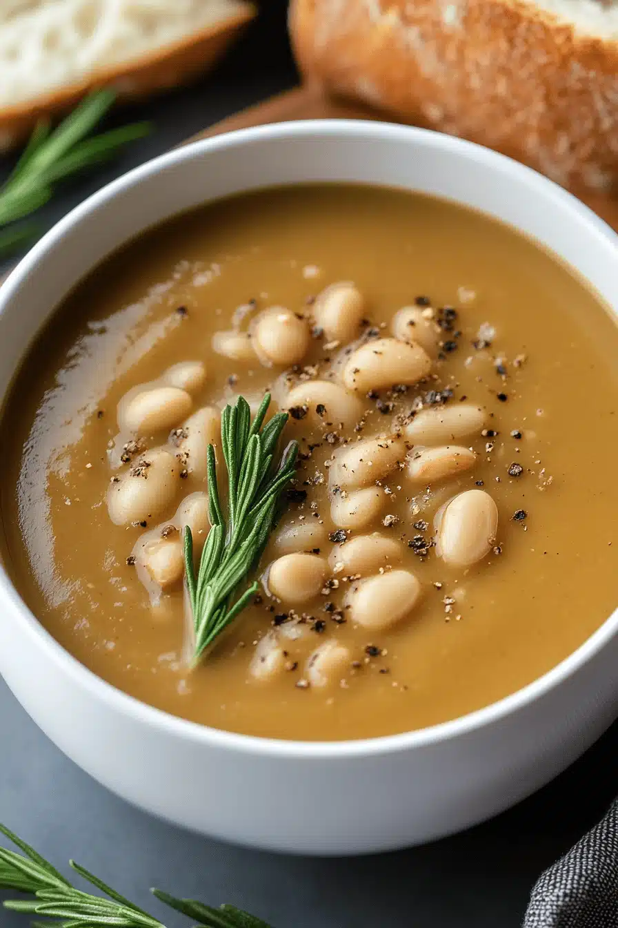 white bean soup slice on plate showing perfect texture and swirl pattern