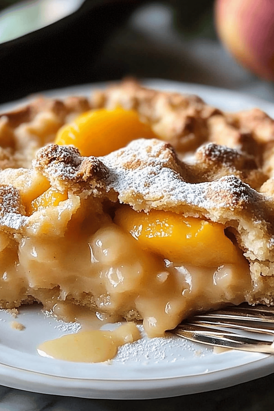 3-Ingredient Peach Cobbler slice on plate showing perfect texture and swirl pattern