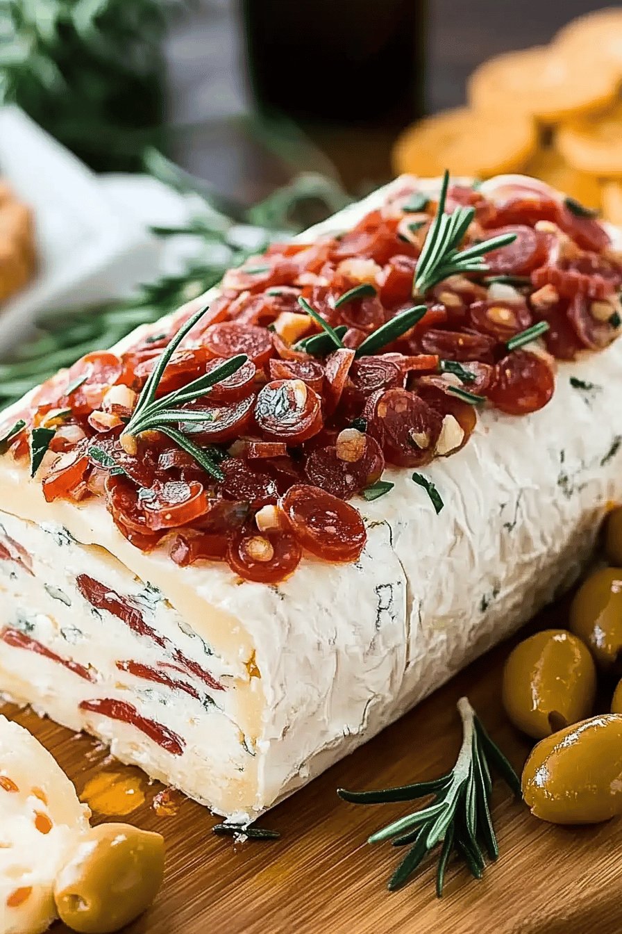 Antipasto Cheese Log slice on plate showing perfect texture and swirl pattern