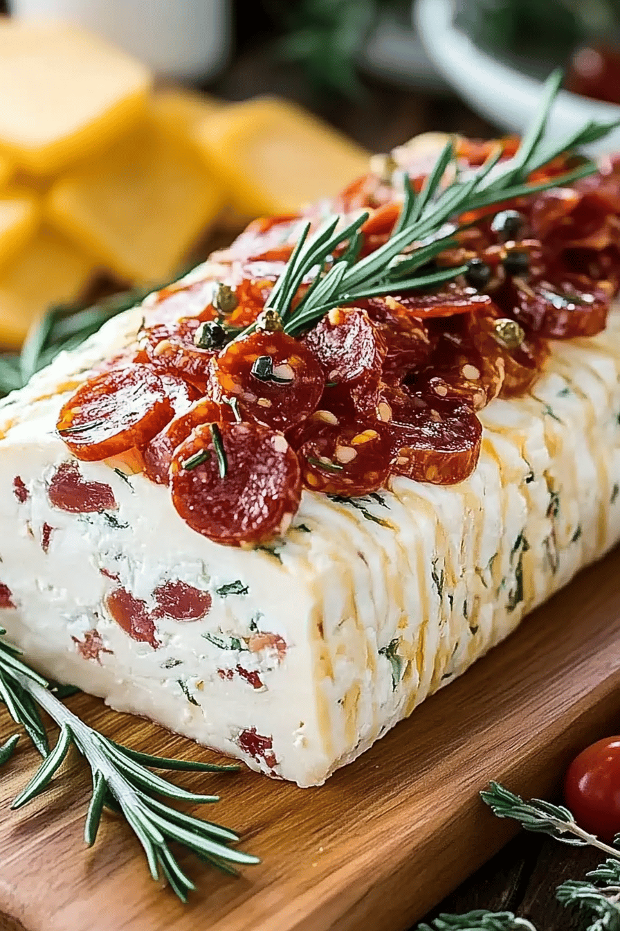 Antipasto Cheese Log final dish beautifully presented and ready to serve