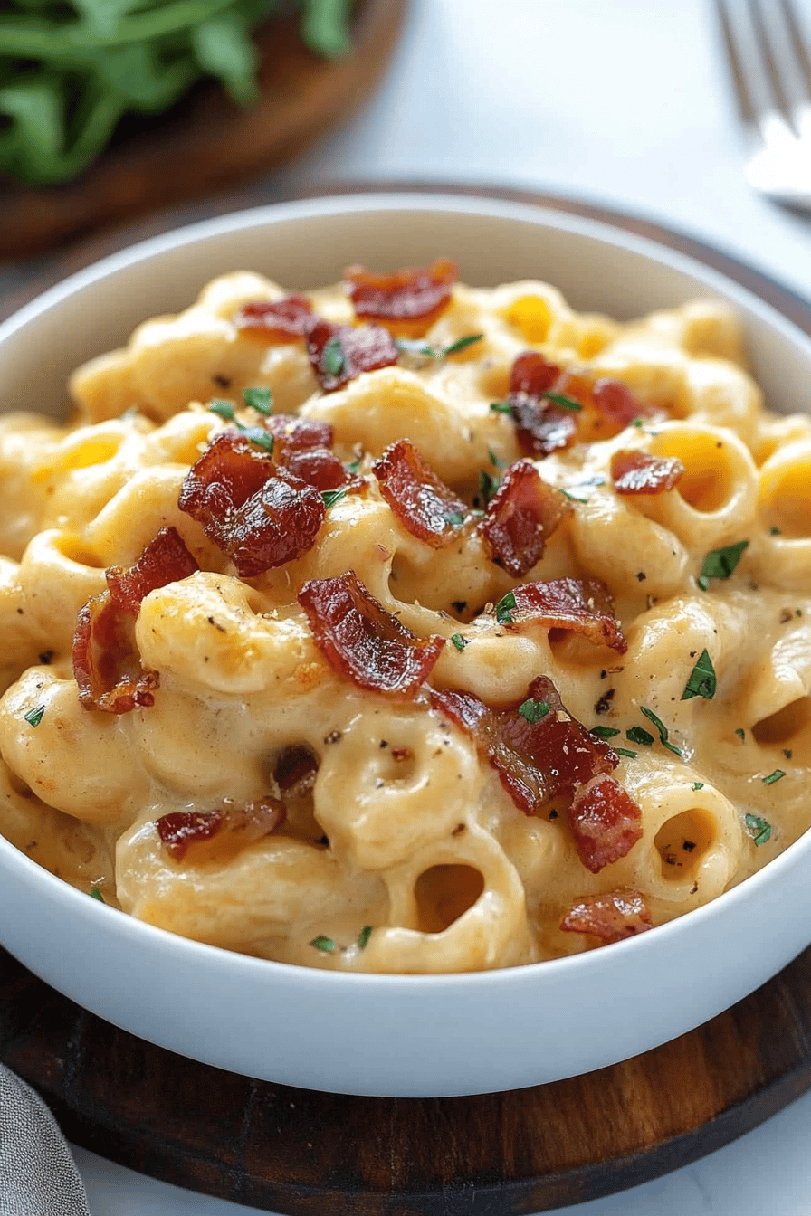 Bacon Mac and Cheese slice on plate showing perfect texture and swirl pattern