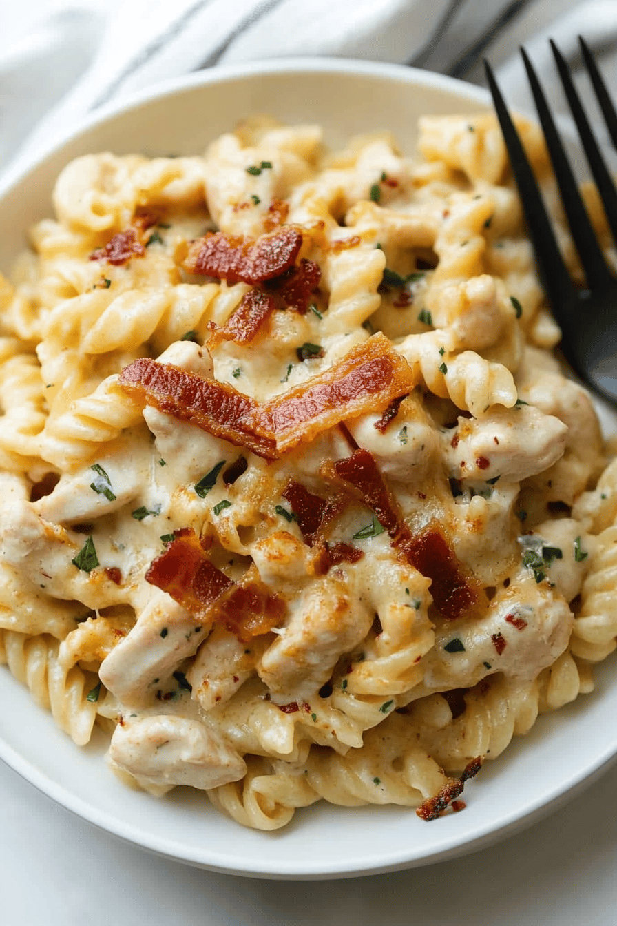 Bacon Ranch Chicken Pasta ingredients organized and measured on kitchen counter