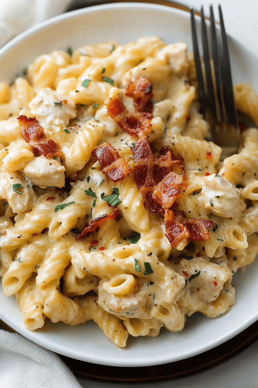 Bacon Ranch Chicken Pasta slice on plate showing perfect texture and swirl pattern