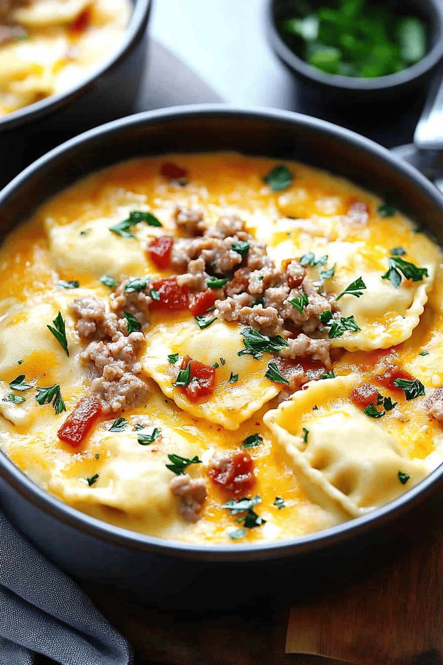 Baked Ravioli Meat Sauce slice on plate showing perfect texture and swirl pattern