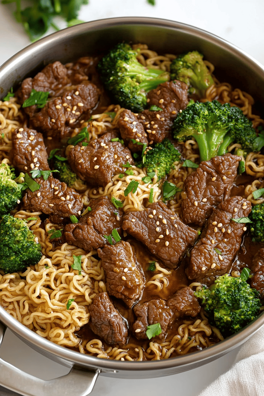 Beef Broccoli Ramen ingredients organized and measured on kitchen counter