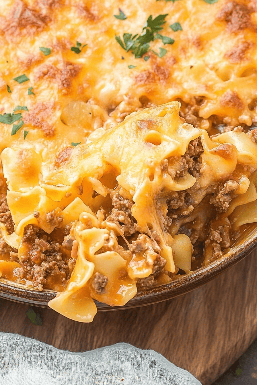 Beef Noodle Bake slice on plate showing perfect texture and swirl pattern