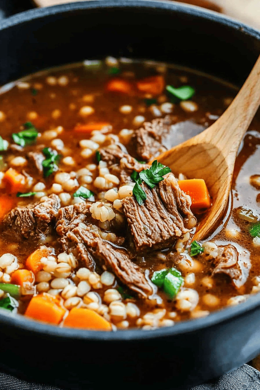 Beef and Barley Soup Tips ingredients organized and measured on kitchen counter