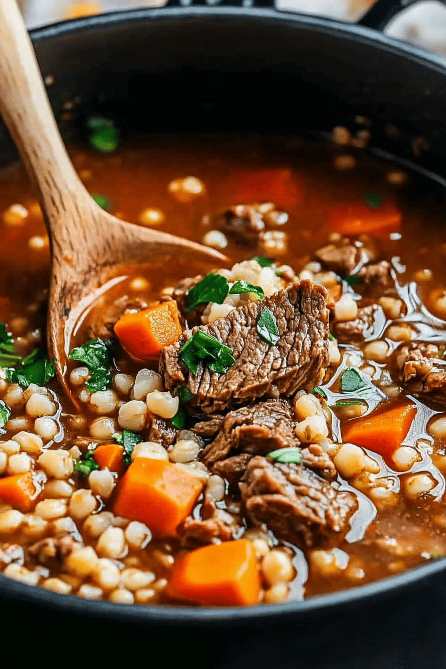 Beef and Barley Soup Tips slice on plate showing perfect texture and swirl pattern