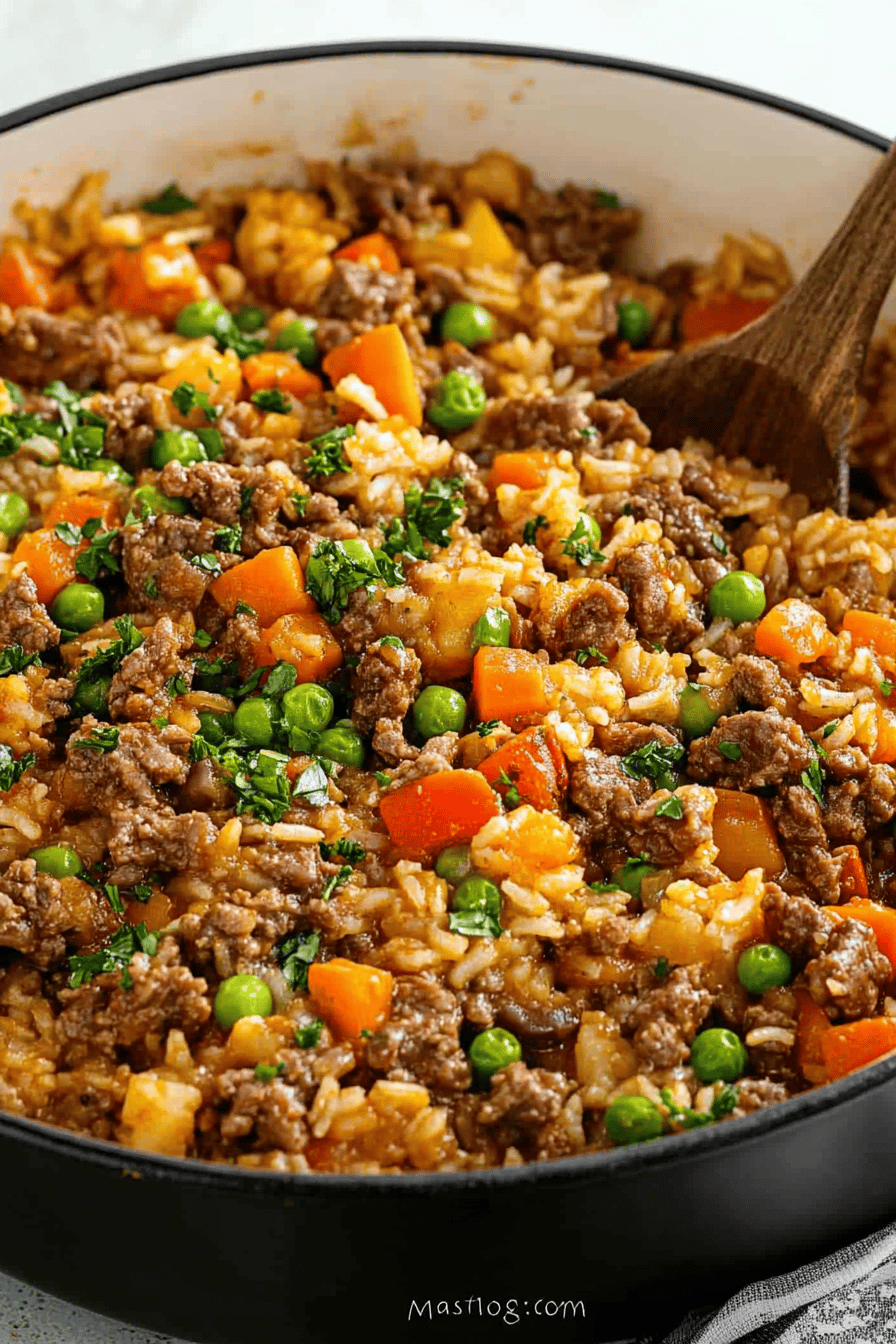 Beef and Rice Recipe ingredients organized and measured on kitchen counter