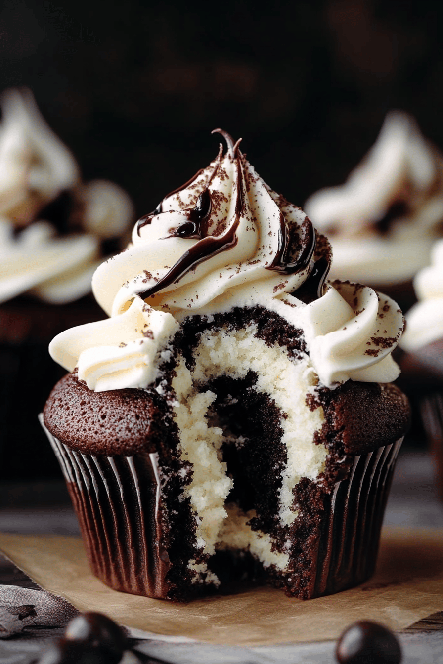Black and White Cupcake Recipe slice on plate showing perfect texture and swirl pattern