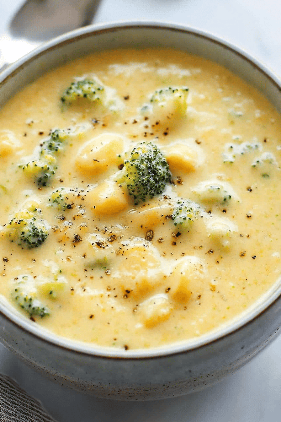 Broccoli Cheese Soup slice on plate showing perfect texture and swirl pattern