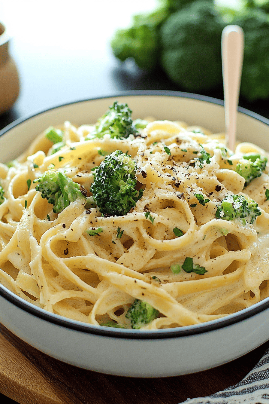 Broccoli Fettuccine Alfredo slice on plate showing perfect texture and swirl pattern