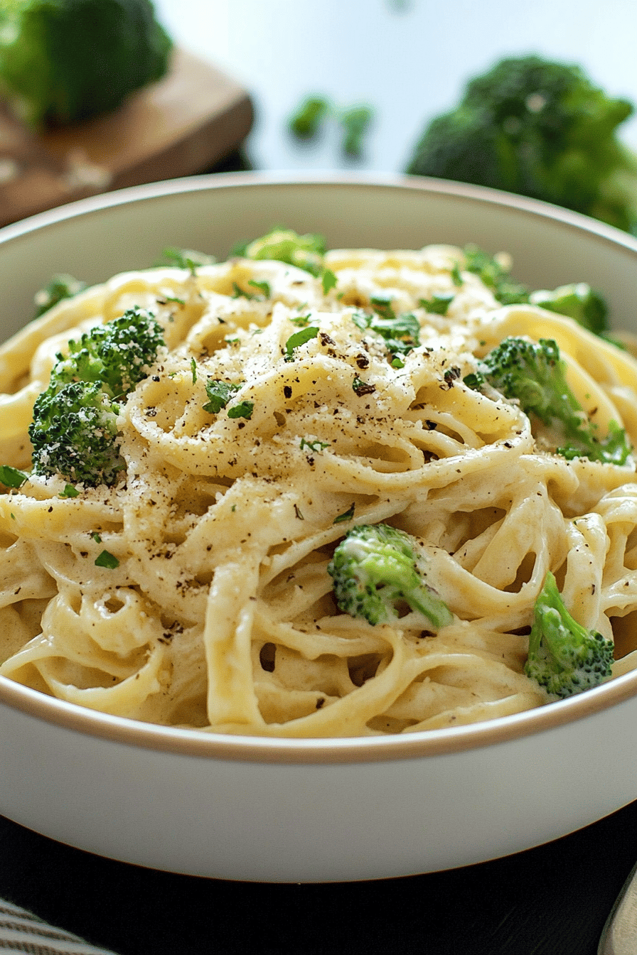 Broccoli Fettuccine Alfredo final dish beautifully presented and ready to serve