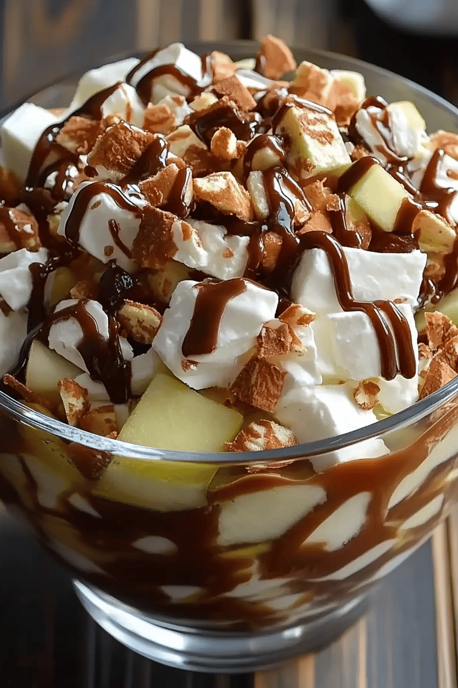 Caramel Apple Snickers Salad final dish beautifully presented and ready to serve