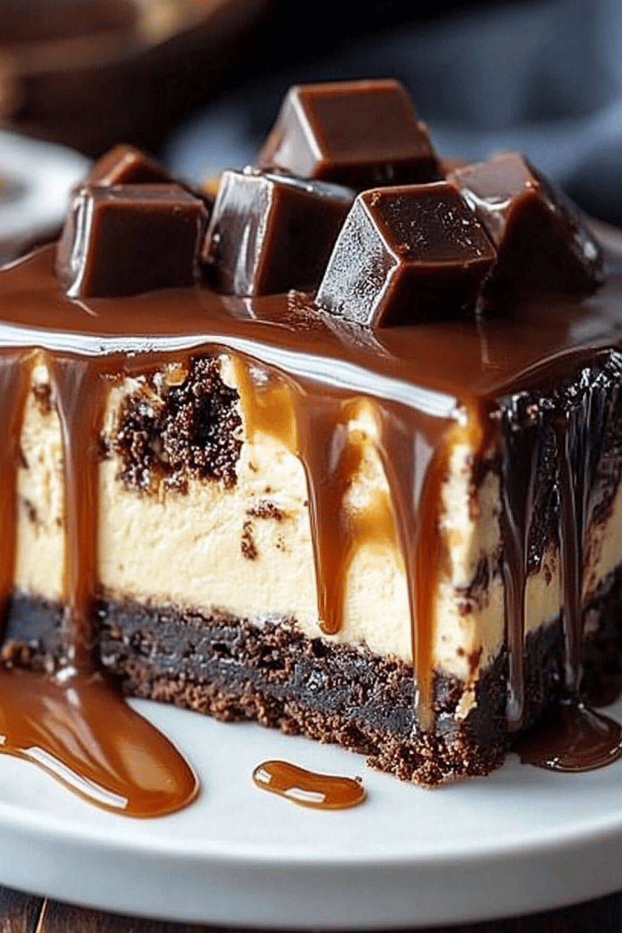 Caramel Brownie Cheesecake slice on plate showing perfect texture and swirl pattern