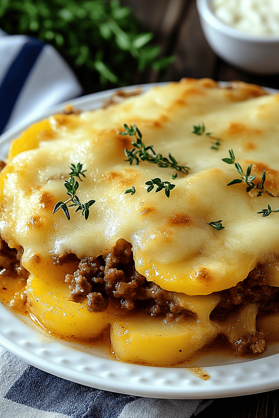 Cheesy Hamburger Potato Casserole slice on plate showing perfect texture and swirl pattern