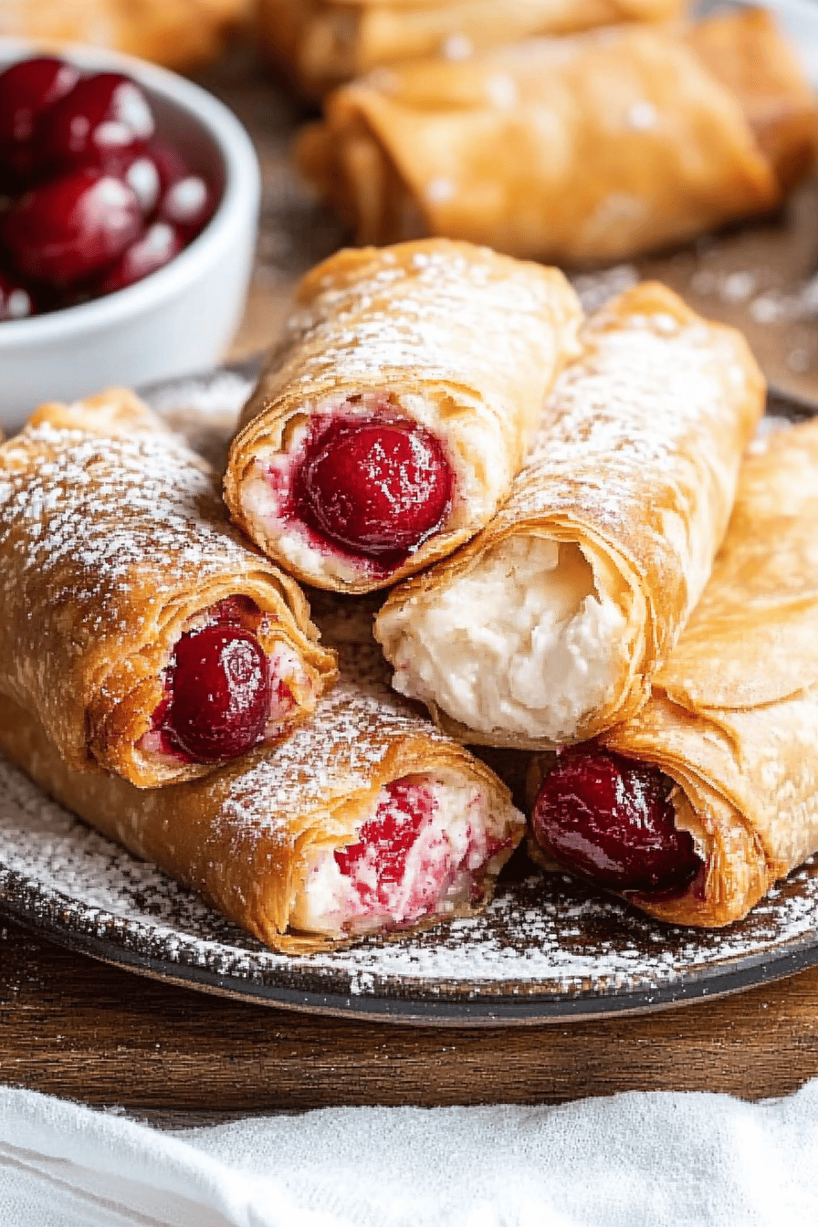 Cherry Cheesecake Egg Rolls slice on plate showing perfect texture and swirl pattern