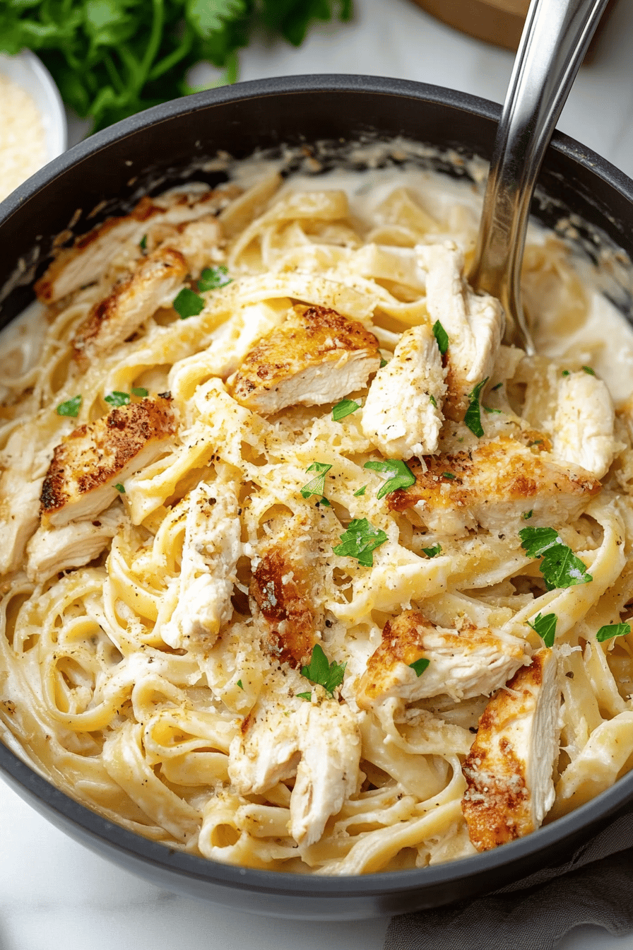 Chicken Alfredo Pasta ingredients organized and measured on kitchen counter