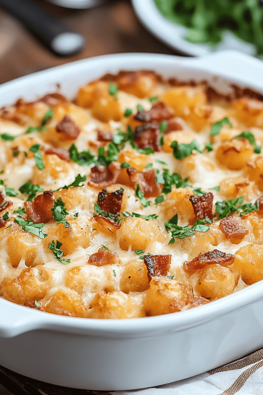 Chicken Bacon Ranch Tater Tot Casserole final dish beautifully presented and ready to serve