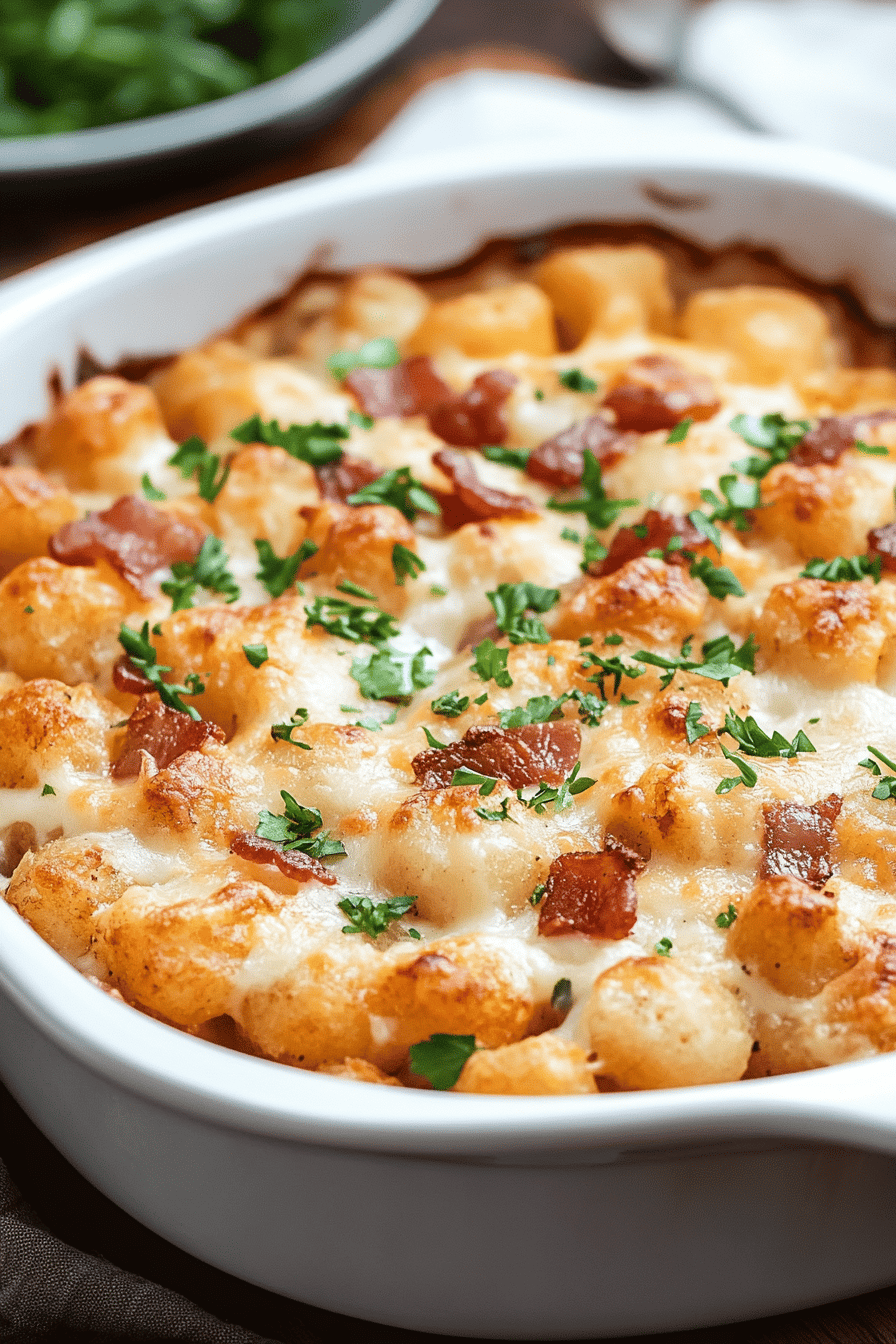 Chicken Bacon Ranch Tater Tot Casserole final dish beautifully presented and ready to serve